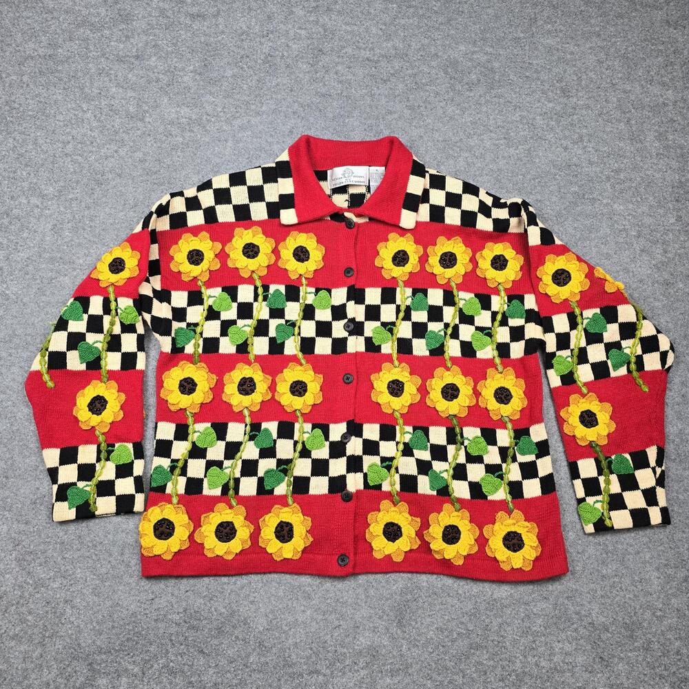 Design Options Cardigan Womens XL Multicolor Sunflower Beaded Knit Sweater Rare